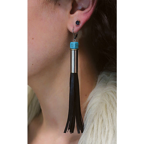Shootergirl Black Leather Tassel Earrings